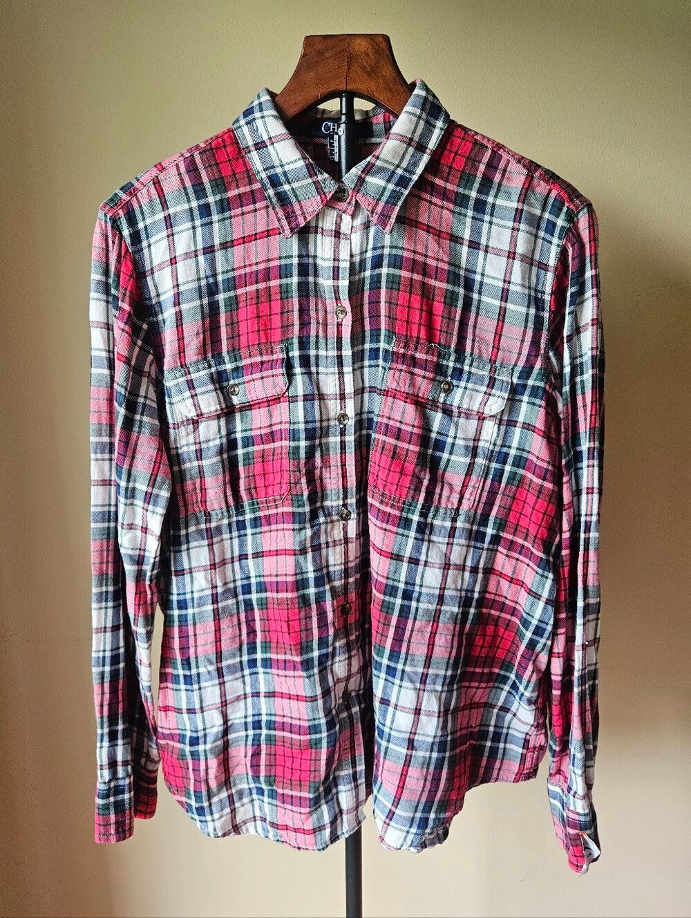 Chaps Red and Navy Plaid Long-Sleeve Button-Down Shirt Size XL